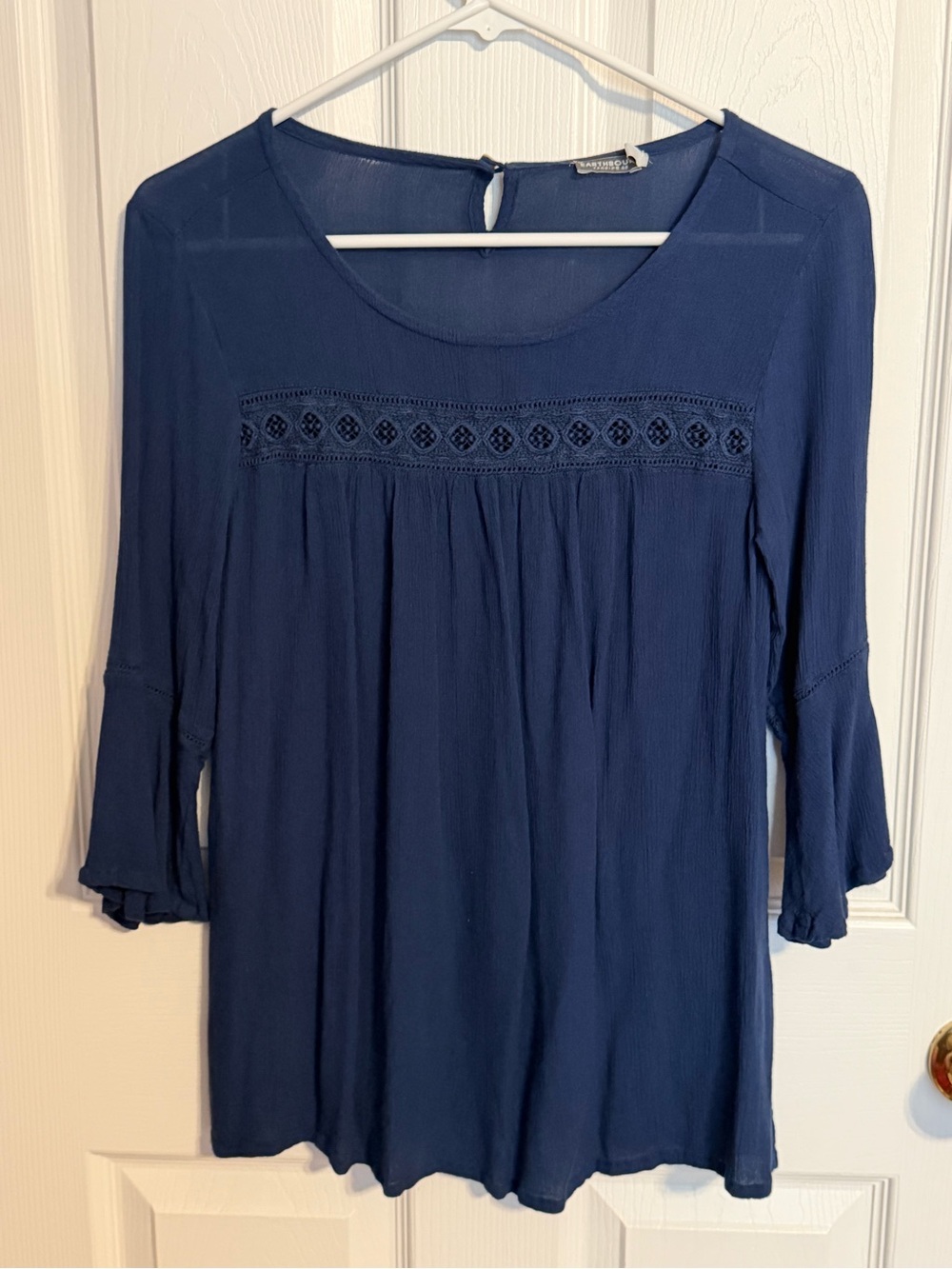 Women's Navy Crochet-Yoke Scoop Neck Blouse - Petite Sophisticate